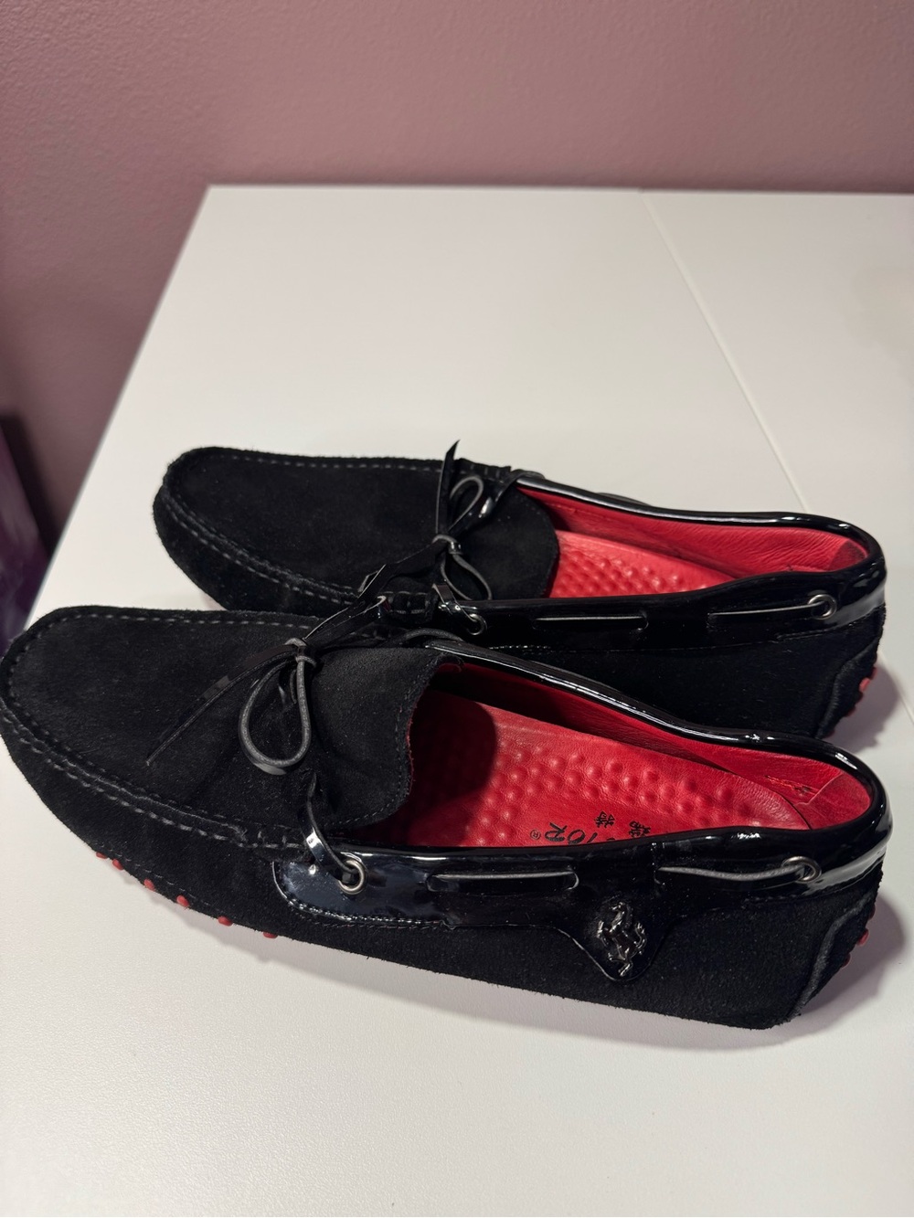 Men's Black Suede Driving Moccasins with Red Liner